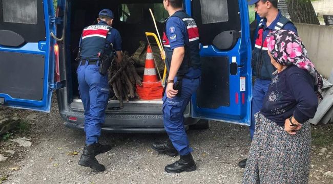 Jandarma, sırtında odun taşıyan yaşlı kadına yardım etti