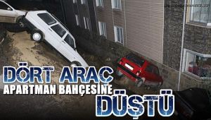 Karabük'te istinat duvarı çöktü, 4 araç apartman bahçesine düştü