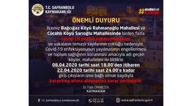 Safranbolu'da iki köy karantinaya alındı