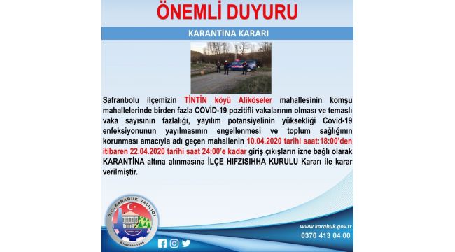 Safranbolu'da üçüncü köy de karantinaya alındı