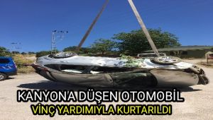 Kanyona uçan otomobil vinç yardımıyla kurtarıldı
