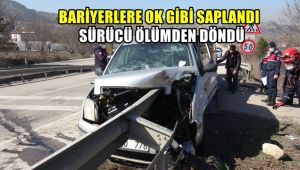 Bariyere ok gibi saplandı, sürücü ölümden döndü