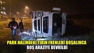 Park halindeki tırın frenleri boşalınca boş araziye devrildi