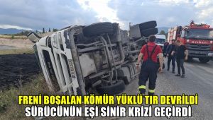 Frenleri boşalan kömür yüklü tır devrildi, sürücünün eşi sinir krizi geçirdi