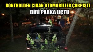 Kontrolden çıkan otomobiller çarpıştı, biri parka uçtu: 2 yaralı