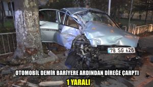 Otomobil demir bariyere ardından direğe çarptı: 1 yaralı