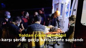 Yoldan çıkan otomobil karşı şeride geçip bariyerlere saplandı