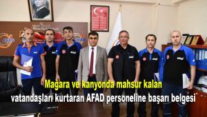 Mağara ve kanyonda mahsur kalan vatandaşları kurtaran AFAD personeline başarı belgesi