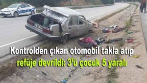 Kontrolden çıkan otomobil takla atıp refüje devrildi: 3'ü çocuk 5 yaralı