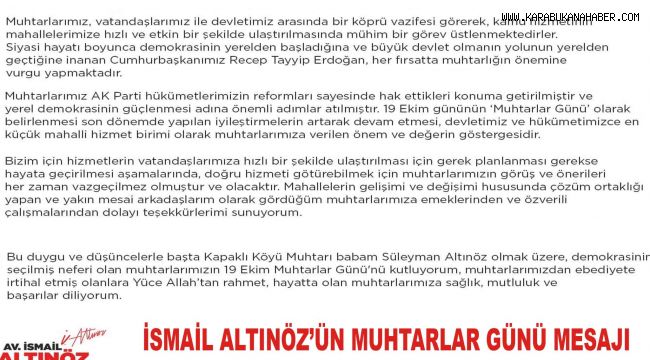 İSMAİL ALTIMÖZ'ÜN MUHTARLAR GÜNÜ MESAJI