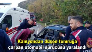Kamyondan düşen tomruğa çarpan otomobil sürücüsü yaralandı