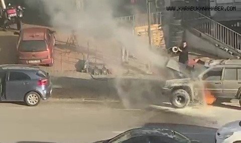 Seyir halindeki cip alev aldı