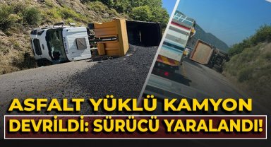 Asfalt yüklü kamyon devrildi: Sürücü yaralandı!