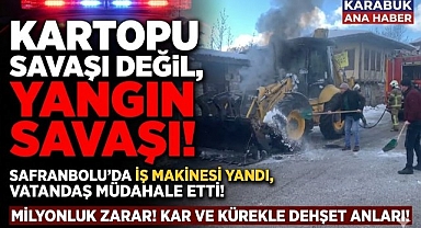 İş makinesinde çıkan yangını karla söndürmeye çalıştılar