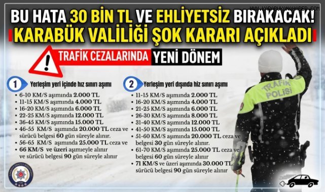 KARABÜK VALİLİĞİ'NDEN HIZ SINIRI UYARISI: CEZALAR ARTIRILDI